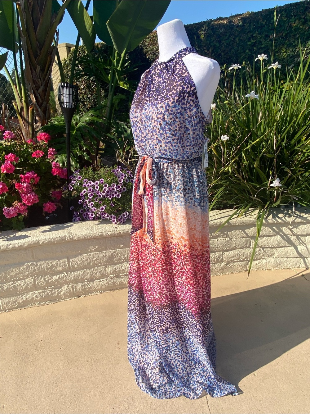 Donna Ricco Multicolor Halter Maxi Dress in Blue, Pink & Orange Ombre